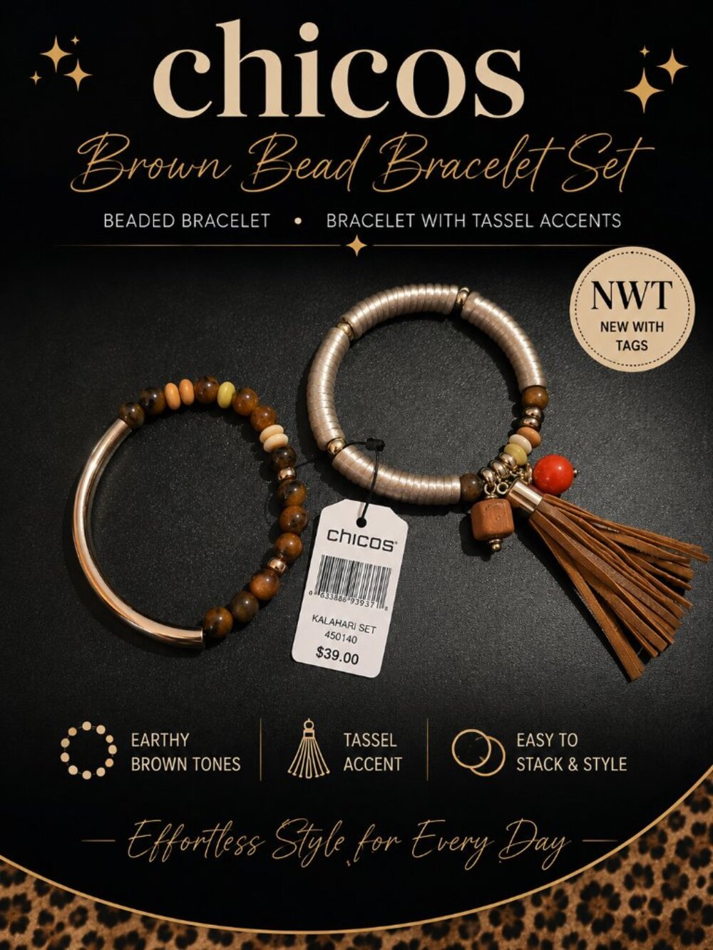 Chico’s Kalahari Brown Beaded Tassel Bracelet Set NWT  Listing Description